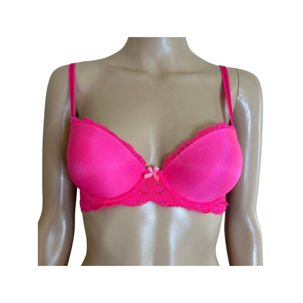 Victoria's Secret bra hot pink lightly padded lace trim SZ 32C